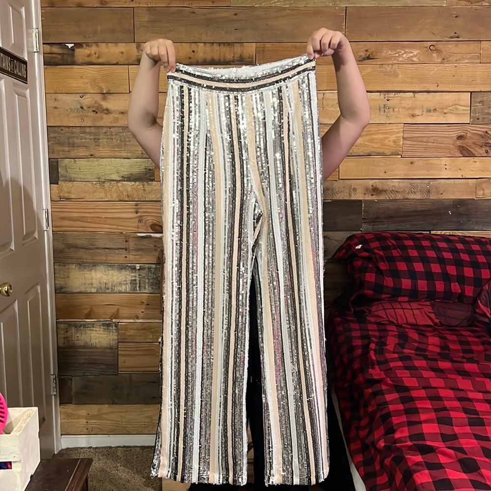 High waisted flare sequin striped pants